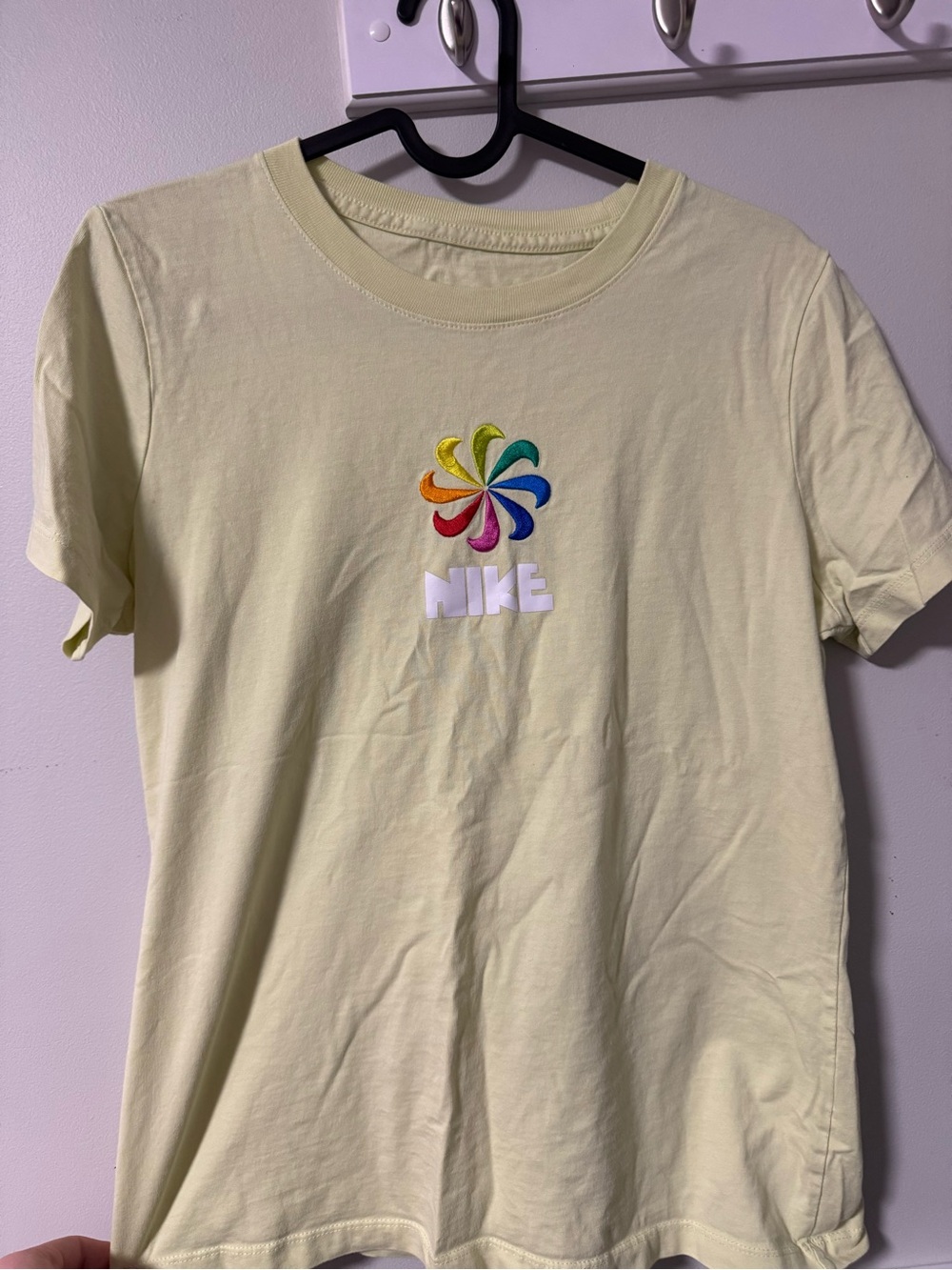 Nike Light Yellow Tee with Rainbow Pinwheel Logo